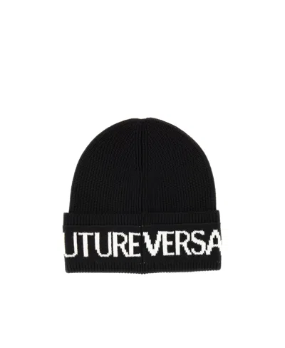Versace Jeans Intarsia-knit Logo Ribbed-knit Wool Blend Beanie In Black