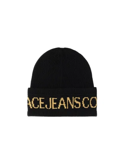 Versace Jeans Intarsia-knit Wool-blend Beanie In Black