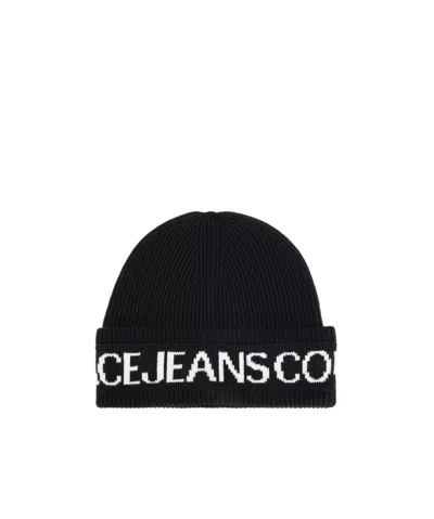 Versace Jeans Intarsia-logo Knit Beanie In Black