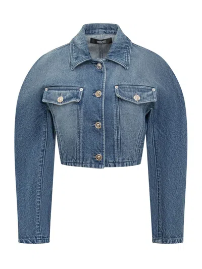 Versace Stone-washed Crop Denim Jacket In Medium Blue