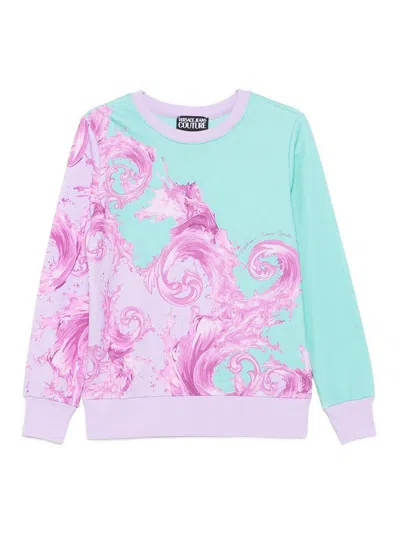 Versace Jeans Light Blue Sweatshirt With Pink Graphic Print In Light Purple