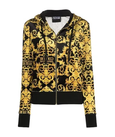 Versace Jeans Logo Baroque-pattern Hoodie In Black