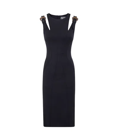 Versace Jeans Logo-buckle Midi Dress In Black
