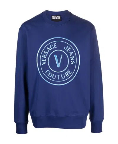Versace Jeans Logo-embroidered Cotton Sweatshirt In Blue