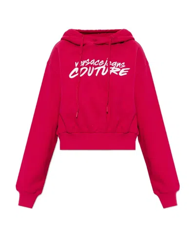 Versace Jeans Logo-embroidered Cropped Hoodie In Red