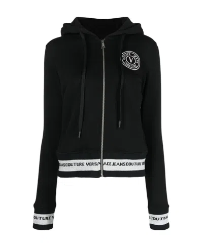 Versace Jeans Logo-embroidered Zip-up Hoodie In Black