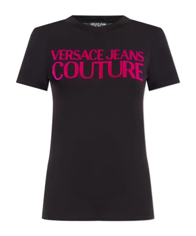 Versace Jeans Logo-flocked Cotton T-shirt In Black