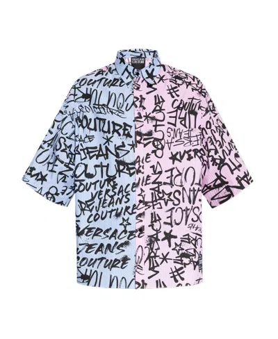 Versace Jeans Logo Graffiti-print Cotton Shirt In Blue