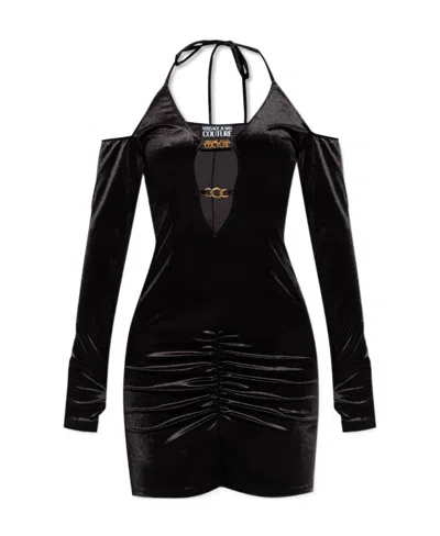 Versace Jeans Logo-plaque Cut-out Minidress In Black