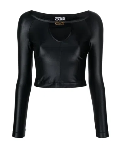 Versace Jeans Logo-plaque Jersey Crop Top In Black
