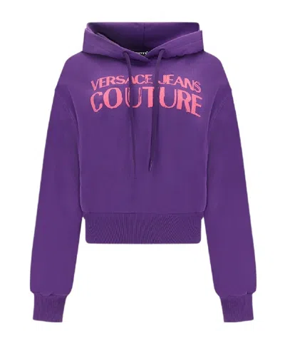 Versace Jeans Logo-print Cropped Cotton Hoodie In Blue