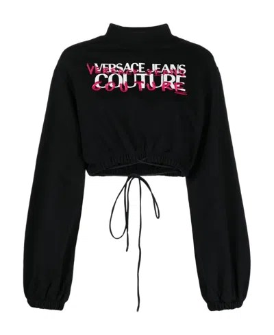 Versace Jeans Logo-print Cropped Sweatshirt In Black
