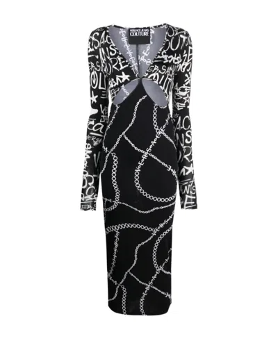Versace Jeans Logo-print Cut-out Midi Dress In Black