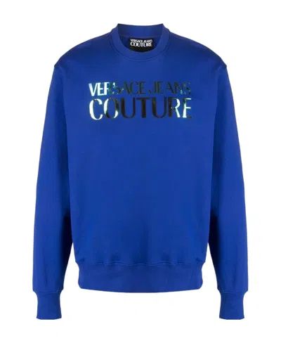 Versace Jeans Logo-stamp Cotton Sweatshirt In Blue