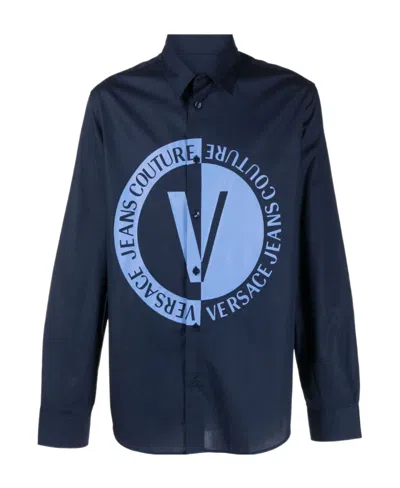Versace Jeans Logo-print Cotton Shirt In Blue