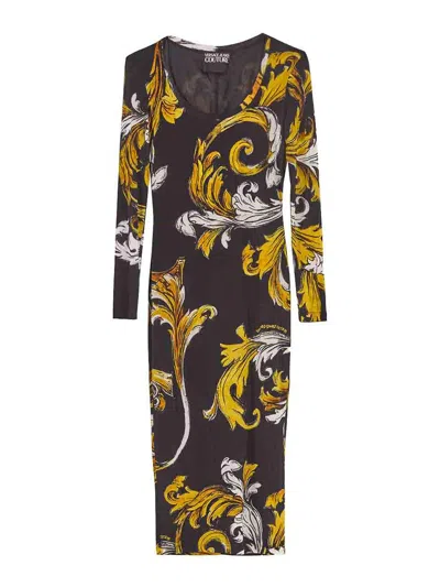 Versace Jeans Long Sleeve Baroque Organzino Dress In Black