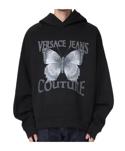 Versace Jeans Long-sleeved Hooded Sweatshirt In Black
