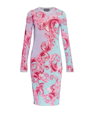 Versace Jeans Long-sleeve Printed Dress In Pink