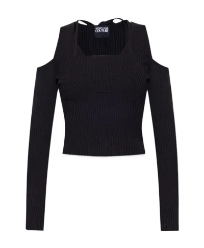 Versace Jeans Open-shoulder Ribbed Jumper In Black