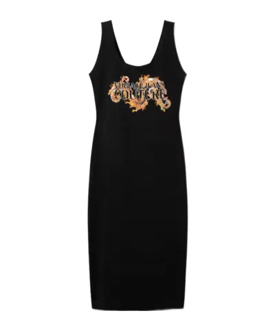Versace Jeans Printed Embroidered Cotton-jersey Long Dress In Black