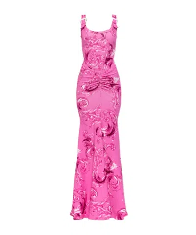 Versace Jeans Printed Ruched Maxi Dress In Pink