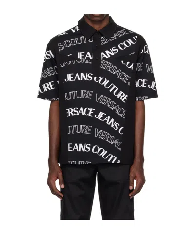 Versace Jeans Printed Short-sleeved Polo Shirt In Black