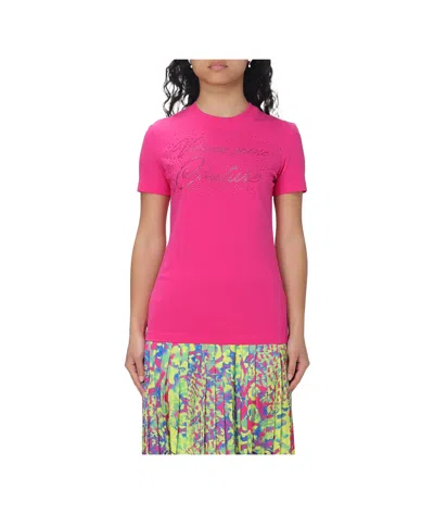 Versace Jeans Rhinestone-detailed Cotton-blend T-shirt In Pink