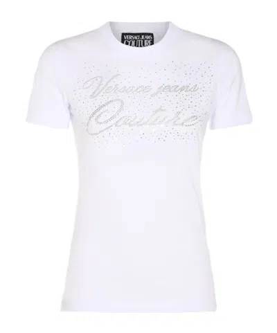 Versace Jeans Rhinestone-detailed Cotton-blend T-shirt In White