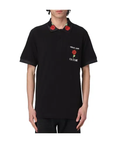 Versace Jeans Rose-print Cotton Polo Shirt In Black
