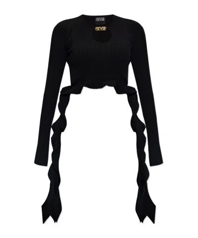 Versace Jeans Ruffled Ribbed-knit Cropped Top In Black