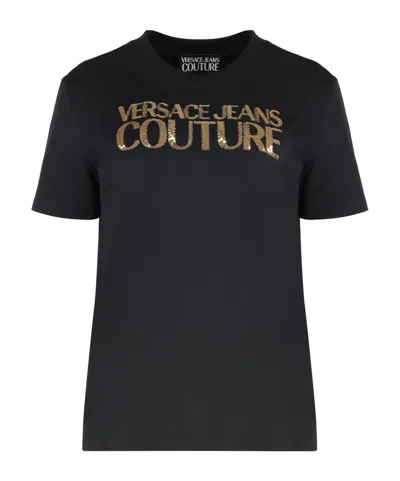 Versace Jeans Sequin-logo Cotton T-shirt In Black