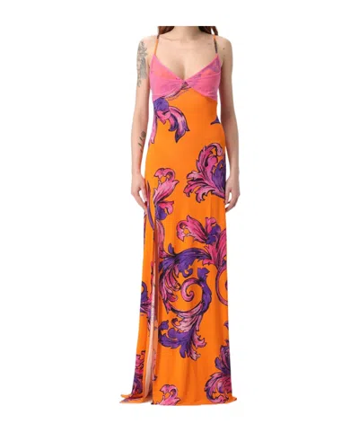 Versace Jeans Spaghetti Strap Dress In Orange