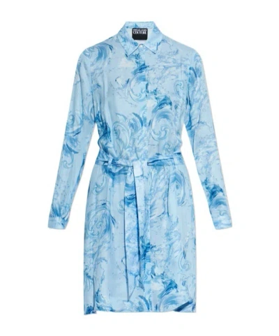 Versace Jeans Tie-waist Patterned Mini Dress In Blue