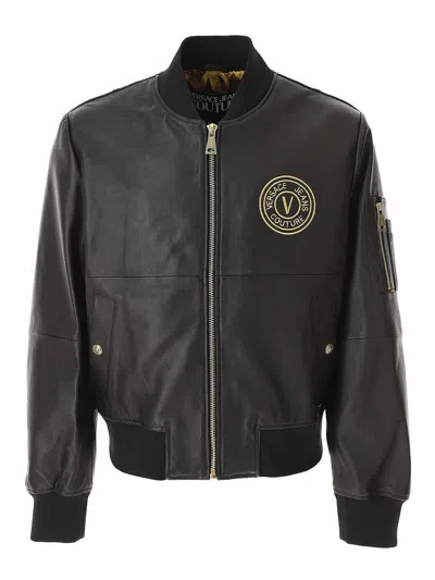 Versace Jeans V Emblem Leather Jacket In Black