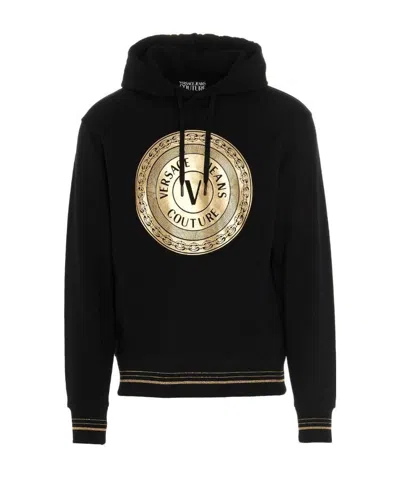 Versace Jeans V-emblem Print Cotton Hoodie In Black
