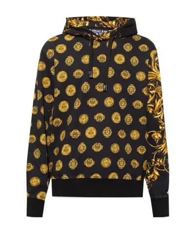 Versace Jeans V-emblem Regalia Baroque-print Long-sleeve Hoodie In Black