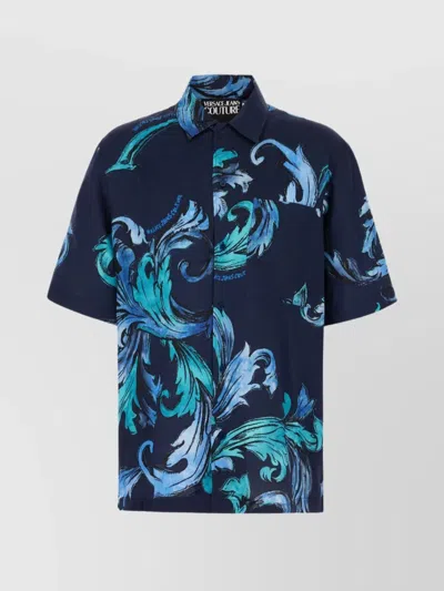Versace Jeans Viscose Shirt With Bold Print And Chest Pocket In Blue