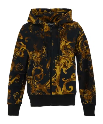 Versace Jeans Watercolor Couture-print Zip-up Hoodie In Black