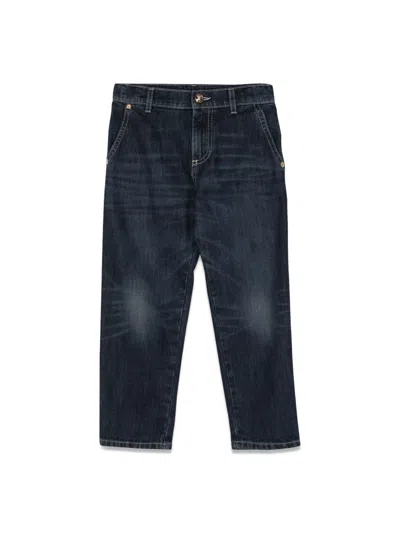 Versace Embroidered Logo Denim Jeans In Blue