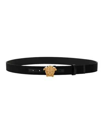 Versace La Medusa Logo Plaque Belt In Black