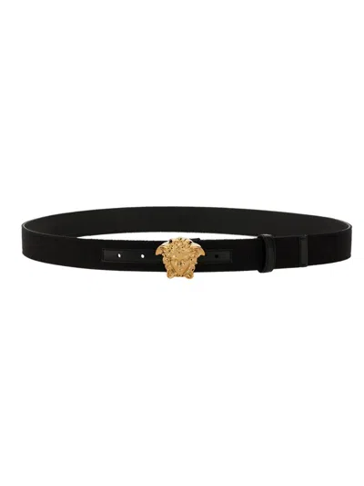 Versace La Medusa Logo Plaque Belt In Black