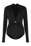 Versace Deep V Neck Pin Draped Bodysuit In Black