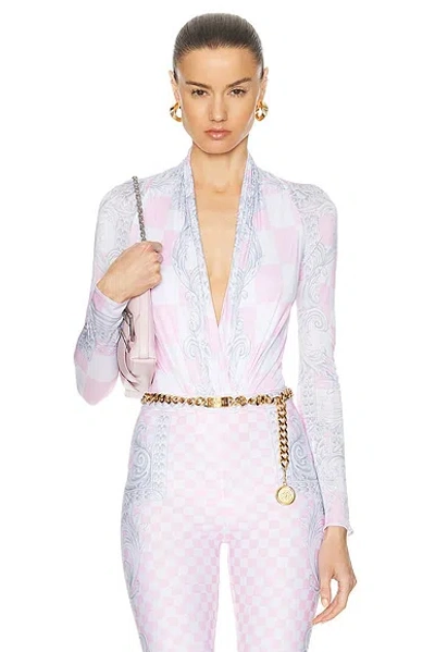 Versace Jersey Bodysuit In Pastel Pink  White  & Silver