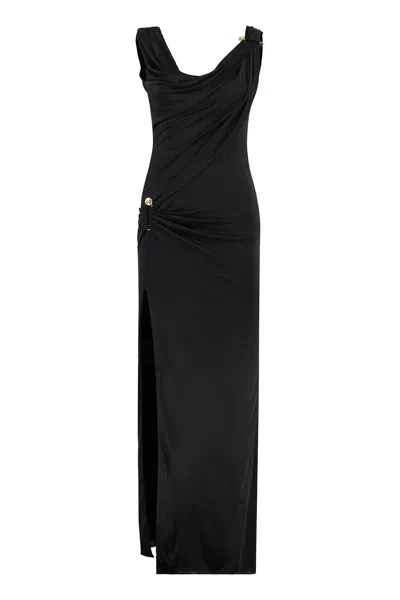 Versace Asymmetric Neck Viscose Long Dress In Black