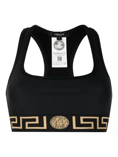 Versace Black Sports Bra With Greca And Medusa Detail In Stretch Cotton
