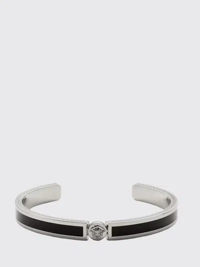 Versace Black Cuff Bracelet With Medusa Plaque And Greca Engravings In Brass Man