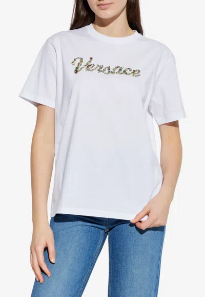 Versace Jewel-embellished Logo T-shirt In White