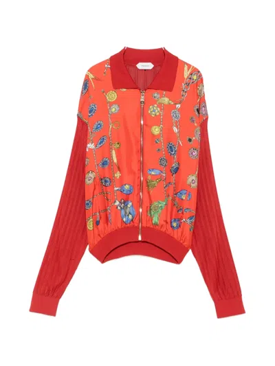 Versace Jewellery-print Pleated-sleeve Cardigan In Red