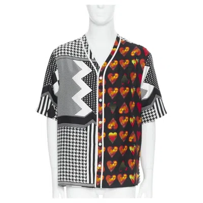 Pre-owned Versace Jim Dine Red Heart Black Chevron Print Baseball Silk Shirt Eu39 M