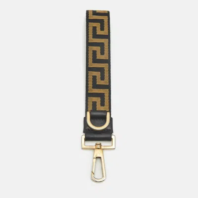Pre-owned Versace Key Holder Gold/black Greca Canvas